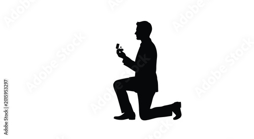 Bilde på lerret Man kneeling proposing with ring box black silhouette high quality