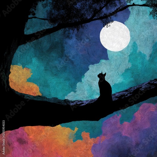 Silhouette cat gazes at full moon from a tree branch at night