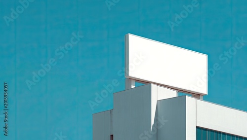 Large, empty billboard atop a white building against a clear blue sky