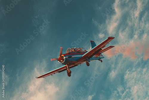 Small airplane with red and blue stripes flies through clouds, emitting orange smoke