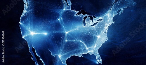 USA map with digital smart network effect. Wireless internet cyber connection. Generative video AI technology.