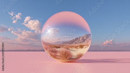 Crystal Ball Reflecting Desert Landscape Under Pastel Sky.