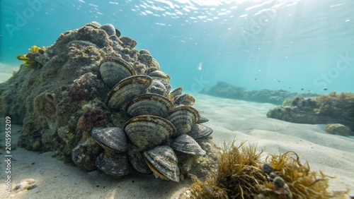 Underwater close-up of a cluster of wild oysters attached to a rocky reef in clear, sunlit ocean water.