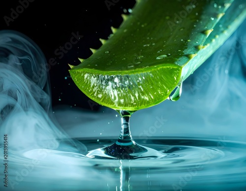 Fresh Aloe Vera Gel Dripping with Mist on Dark Background