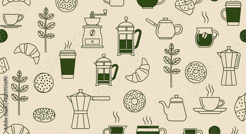 Seamless Pattern of Coffee Shop Elements and Pastries