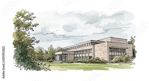 Architectural watercolor sketch of a contemporary institutional building with large windows, surrounded by lush green trees and a well-maintained lawn