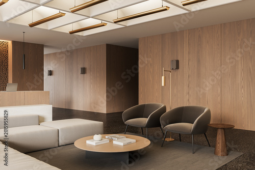 Fotografia Modern minimalist lobby interior featuring warm wood paneling, contemporary seating, ambient lighting and refined architectural design elements
