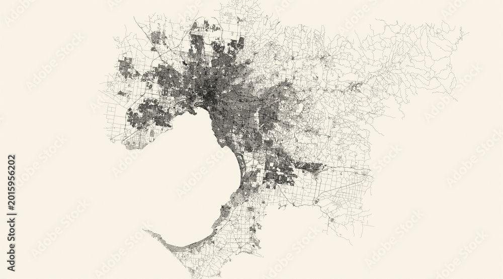 Fototapeta premium City street map of Melbourne, Australia, in black and light beige. High resolution full frame minimalist poster style road map or urban street plan of Melbourne. Vintage look.