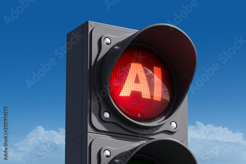 Schilderij op canvas Red traffic signal displaying AI warning symbol against clear sky highlighting modern technology caution and concept of limitation