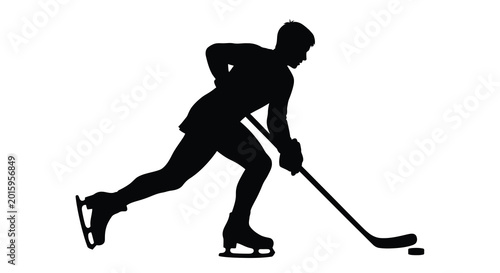 Photography Hockey player in action with stick and puck black silhouette