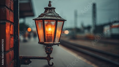 Vintage Train Station Lamp Illuminates Rainy Evening Platform.