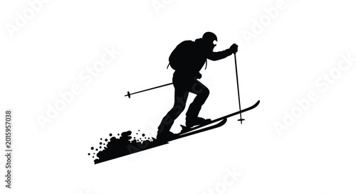 Картината върху платно Skier with backpack and poles in action black silhouette