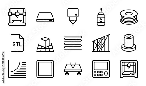Foto 15 3D Printing Icons, Additive Manufacturing Technology Vector Graphics, Digital