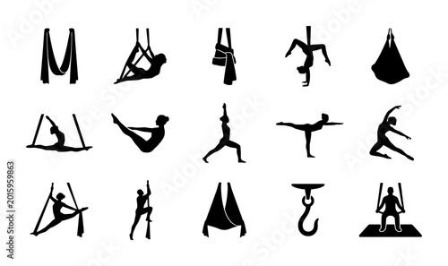 Canvastavla Aerial Yoga Silhouettes, Fitness Poses, Fabric Hammock, Pole Dance, Acrobatics I
