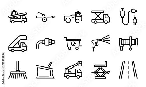 Foto Industrial Equipment Icons: Vehicle, Machinery, Tools, and Road Symbols for Cons