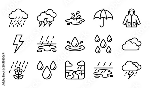 Photos Rainy Weather Icons: Stormy Clouds, Umbrellas, Raincoats, Puddles, Lightning, Dr