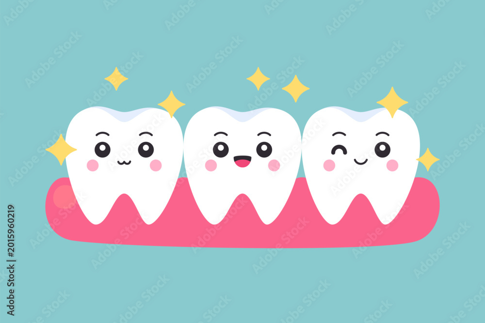 Fototapeta premium Three cute flat cartoon clean sparkling white tooth characters on pink gum on teal background