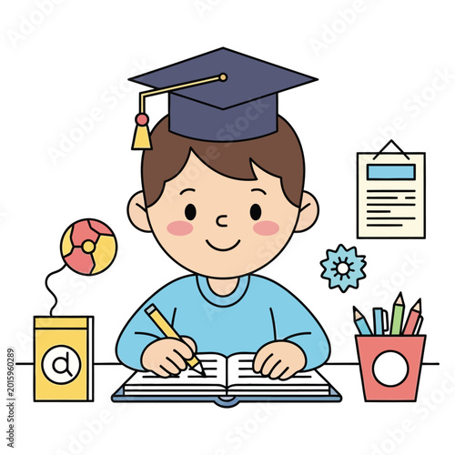 Tableau sur toile A cute boy in a graduation cap sits at a desk with books and various school supplies, writing diligently
