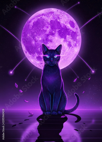 a purple cat sitting in front of a large purple moon with glowing eyes and a purple background with