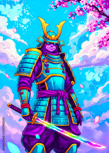 a colorful samurai standing under a cherry blossom tree with a sword action figure asian background