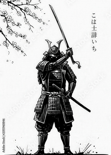 A samurai warrior in traditional armor standing under a cherry blossom tree with a sword action figu