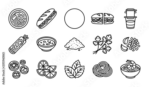 Vietnamese Food Icons Set: Pho, Banh Mi, Ingredients, and Condiments Vector Graphics