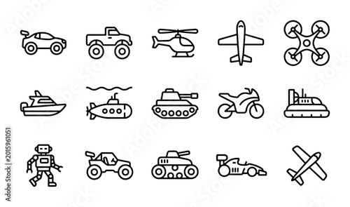 Foto Modern Transport Icons Set: Vehicles, Aircraft, Drones, Robots, and Military Mac