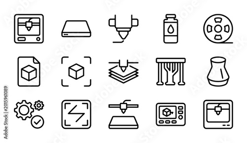 3D Printing Icons Set, Additive Manufacturing Technology, Digital Fabrication Vector Graphics
