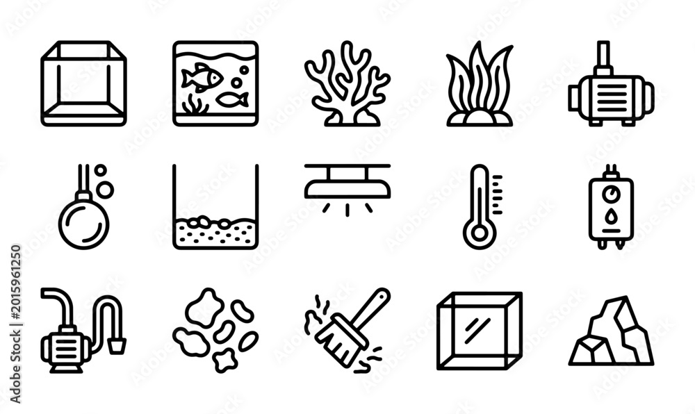 Fototapeta premium Aquarium Equipment Icons Set, Fish Tank Supplies, Water Care Tools, Marine Life Accessories