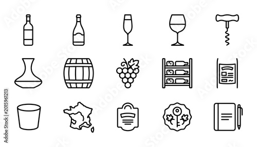 Bild auf Leinwand Wine Icons Set: Bottle, Glass, Corkscrew, Barrel, Grapes, Rack, Decanter Vector