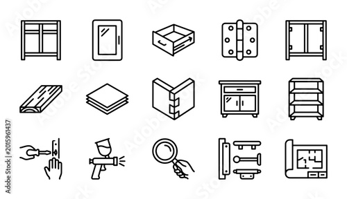 Tableau sur toile Furniture Hardware Icons Set, Cabinetry Components, Woodworking Tools, DIY Assem
