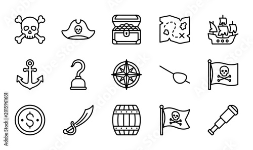 Photos Pirate Icons Set: Skull, Ship, Treasure Map, Compass, Hook, Sword, Spyglass