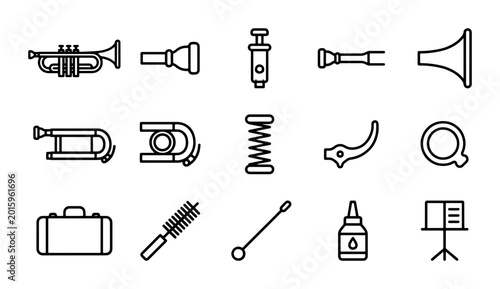 Schilderij op canvas Brass Musical Instrument Parts, Trumpet Accessories, Vector Icons Set