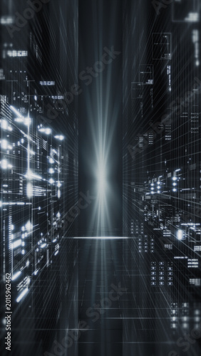 A Vertical Futuristic 4K digital tunnel with glowing data streams and grid lines, ideal for technology, AI, innovation, cybersecurity, cloud computing, and digital transformation concepts.