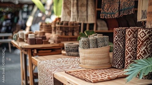 Handmade woven textiles and baskets on wooden market display. Generative AI