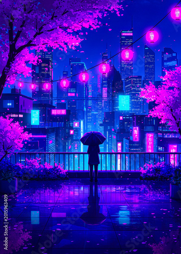 a person with an umbrella standing on a bridge in a city at night with pink and blue lights cityscap
