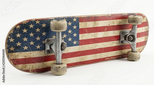 Skateboard deck adorned with a distressed American flag design, showcasing its trucks and wheels, positioned horizontally on a clean white background, representing American culture and recreational.