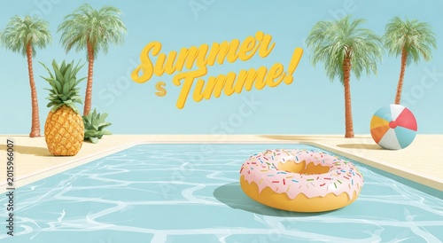 Refreshing pool scene with palm trees, pineapple, donut, and beach ball