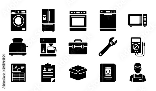 Appliance Repair Icons: Washing Machine, Oven, Dishwasher, Microwave, Toaster, Coffee Maker, Toolbox, Wrench, Multimeter, Manual