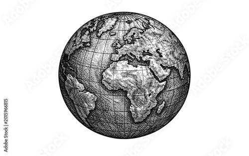 Vintage illustration of planet Earth showing continents and oceans in black and white