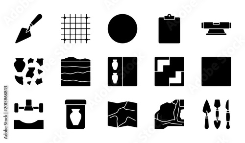 Billede på lærred Archaeology Icons Set: Digging Tools, Artifacts, Layers, Map, Excavation, Resear
