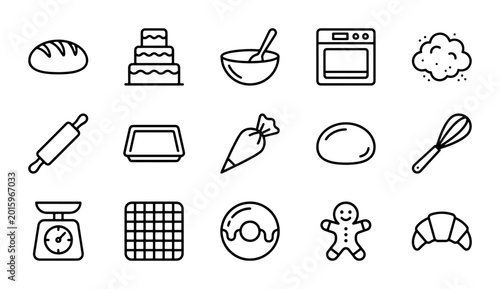 Baking Icons Set, 15 Outline Elements for Pastry and Bakery Graphics, Food Preparation Vector Collection