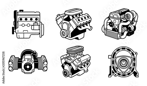 Automotive Engine Vector Icons Set: V8, Rotary, Turbocharged, Diesel, Mechanical Power