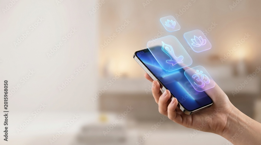 Fototapeta premium Hand Holding Smartphone With Yoga And Meditation App Icons