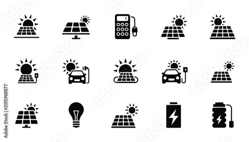 Foto Solar energy vector icons power panels charging renewable electricity illustrati