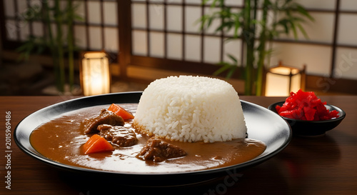 Japanese beef curry rice with gari ginger served on black plates in a Zen house, showing indoor decorative lightings