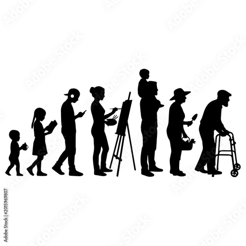 Human life cycle stages silhouette from infancy to elderly age.