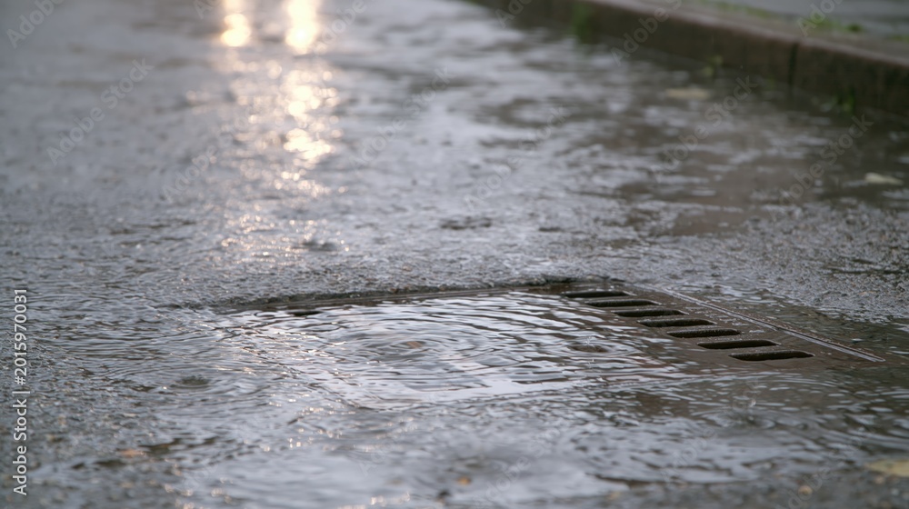 Fototapeta premium Improperly designed storm water sewer: flooded grating. Engineers have made a mistake in their calculations, and as a result water can't fully flow into drain. Sewage