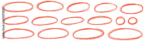 Photos Collection of various hand-drawn red circles and ovals, sketchy doodle style frames and highlights, isolated on a white background for design elements