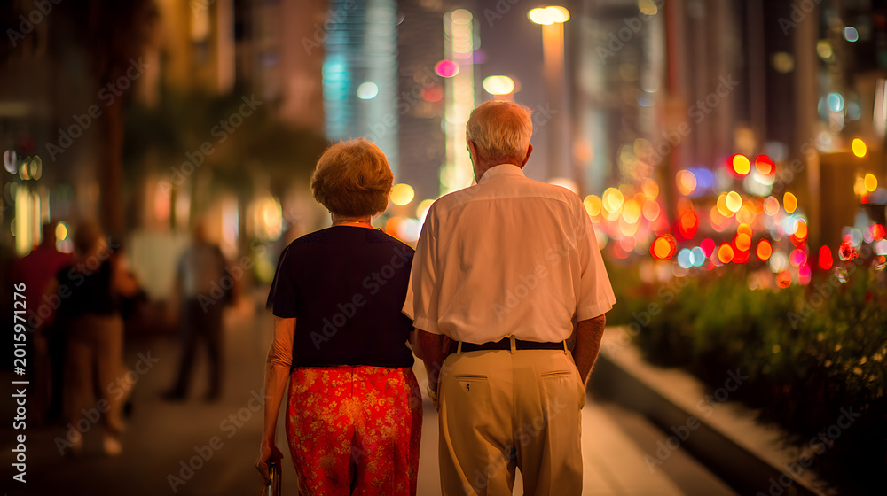 Obraz premium elderly couple walking city evening romantic street